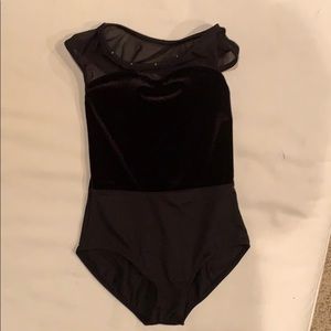 Girl’s Mirella Black Sheer, Velvet Leotard 6x/7